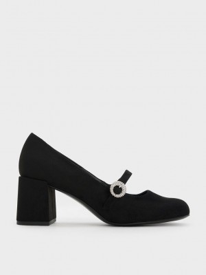 Charles & Keith Textured Crystal-Embellished Mary Jane Pumps Negros | 3416057-FH