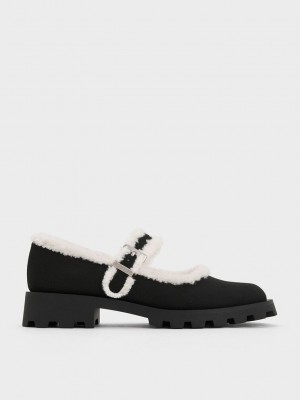Charles & Keith Textured Fur-Trim Buckled Mary Janes Negros | 2105376-BZ