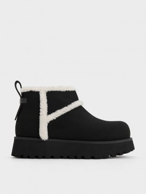 Charles & Keith Textured Fur-Trim Flatform Ankle Boots Negros | 3524981-HB