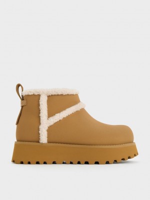 Charles & Keith Textured Fur-Trim Flatform Ankle Boots Kaki | 8963145-GC