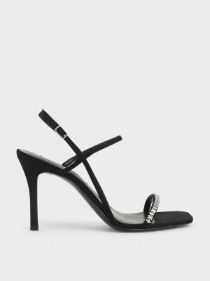 Charles & Keith Textured Gem-Embellished Tiras Sandals Negros | 8357094-TS