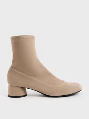 Charles & Keith Textured Stitch-Trim Cylindrical Heel Ankle Boots Beige | 4230517-OT