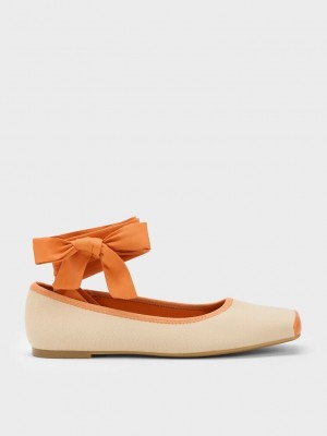 Charles & Keith Tie-Around Lona Ballerina Flats Naranjas | 9468702-BG