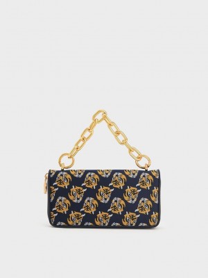 Charles & Keith Tiger Print Chain Handle Long Wallet Azul Marino | 7920346-UX