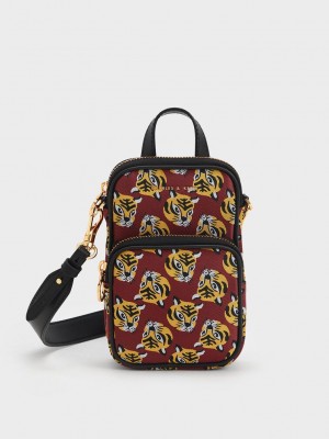 Charles & Keith Tiger Print Jacquard Long Crossbody Bag Rojos | 5807469-ZC