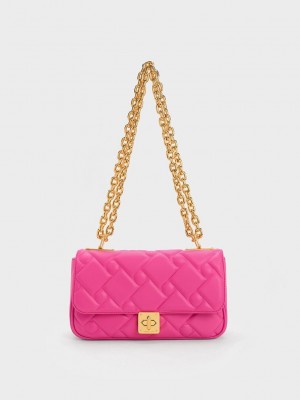 Charles & Keith Tillie Acolchado Chain Bag Fucsia | 2071835-AR