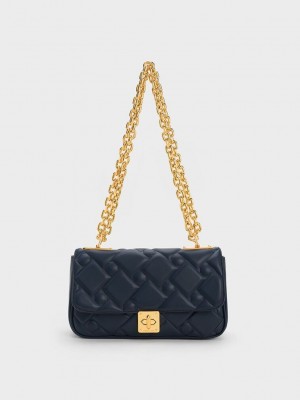 Charles & Keith Tillie Acolchado Chain Bag Azul Marino | 2159780-WK