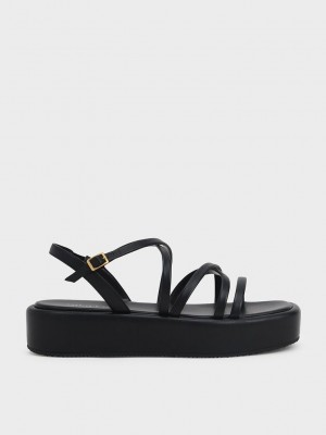 Charles & Keith Tiras Acolchado Flatforms Negros | 1024385-FZ