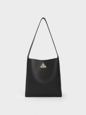 Charles & Keith Trice Metallic Accent Large Hobo Bag Negros | 3658407-LP