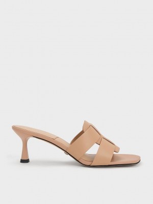 Charles & Keith Trichelle Interwoven Cuero Spool Heel Mules Beige | 3910254-VY