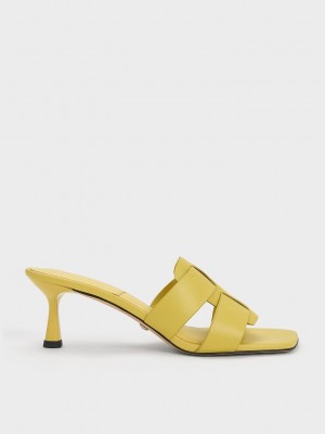 Charles & Keith Trichelle Interwoven Cuero Spool Heel Mules Amarillos | 1735890-GQ