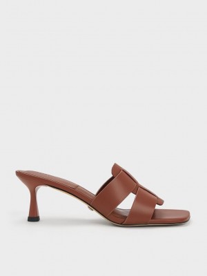Charles & Keith Trichelle Interwoven Cuero Spool Heel Mules Marrom Oscuro | 2109386-LI
