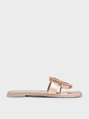 Charles & Keith Trichelle Interwoven Metallic Cuero Chanclas Sandals Rosas Dorados | 0648179-LN