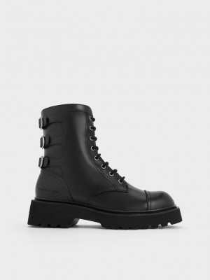 Charles & Keith Triple-Hebilla Encaje-Up Ankle Boots Negros | 9745308-MK