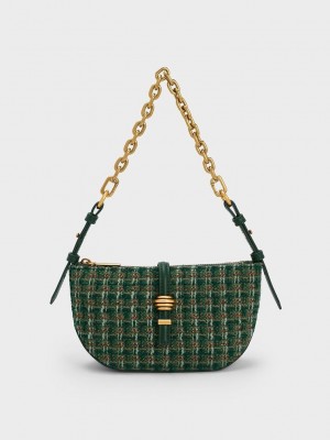 Charles & Keith Trudy Tweed Belted Geometric Bag Verdes Oscuro | 8597162-QC