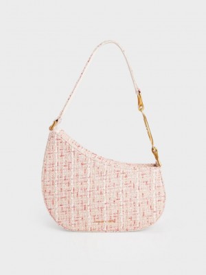 Charles & Keith Tweed Asymmetrical Shoulder Bag Creme | 5427189-IY