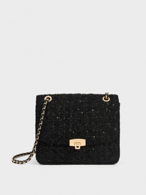 Charles & Keith Tweed Chain Correa Bag Negros | 0621837-MO