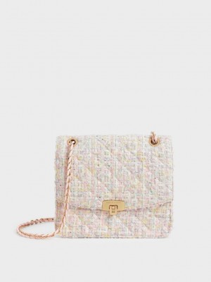 Charles & Keith Tweed Chain Correa Bag Rosas | 2419837-GE