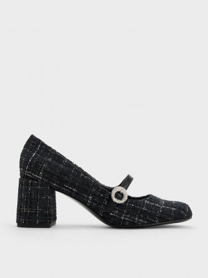Charles & Keith Tweed Crystal-Embellished Mary Jane Pumps Multicolor | 3241756-KB
