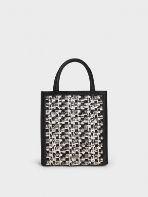 Charles & Keith Tweed Double Handle Tote Bag Negros | 9708132-KL