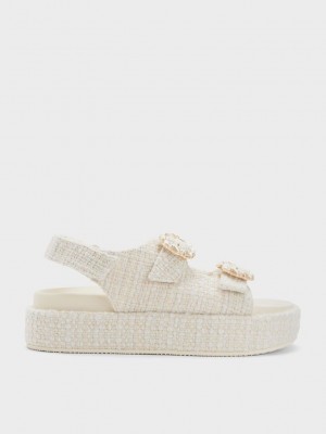 Charles & Keith Tweed Pearl-Hebilla Double Correa Sandals Rosas | 8567294-BV