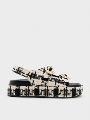 Charles & Keith Tweed Pearl-Hebilla Double Correa Sandals Negros | 9637581-SV
