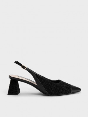 Charles & Keith Tweed Puntera Cap Destalonadas Pumps Negros | 8162094-ON
