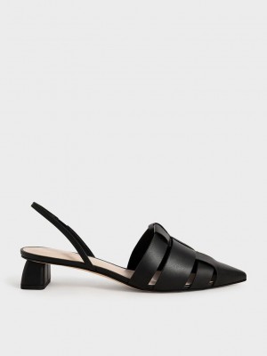 Charles & Keith Woven Destalonadas Pumps Negros | 0145982-OX