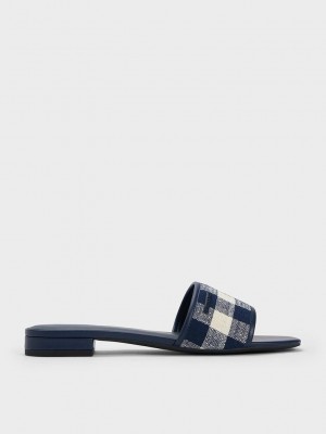 Charles & Keith Woven Gingham Planos Sandals Azules Oscuro | 8761450-WT