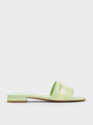 Charles & Keith Woven Gingham Planos Sandals Verdes | 2138450-OQ