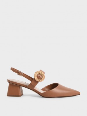 Charles & Keith Woven Hebilla Destalonadas Tacón Pumps Caramel | 0547321-CO