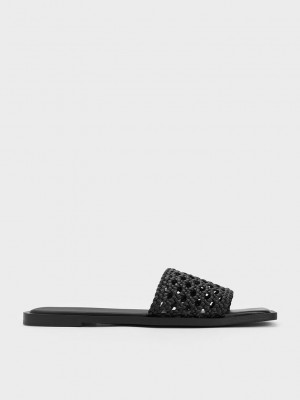 Charles & Keith Woven Square-Puntera Slides Negros | 5091284-KH