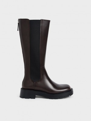 Charles & Keith Zip-Up Chelsea Knee Boots Marrom Oscuro | 9852403-YI