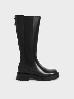 Charles & Keith Zip-Up Chelsea Knee Boots Negros | 2385174-EU