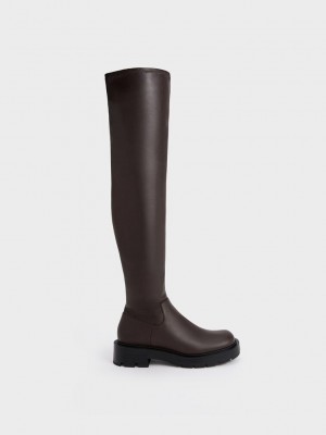 Charles & Keith Zip-Up Thigh-High Boots Marrom Oscuro | 3027158-DU