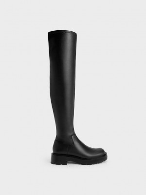 Charles & Keith Zip-Up Thigh-High Boots Negros | 1643925-NA
