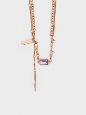 Charles & Keith Zira Crystal Charm Double Necklace Rosas Dorados | 6489352-TA