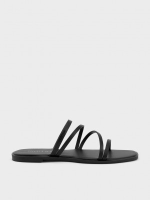 Charles & Keith lliana Tiras Chanclas Sandals Negros | 7358164-AB
